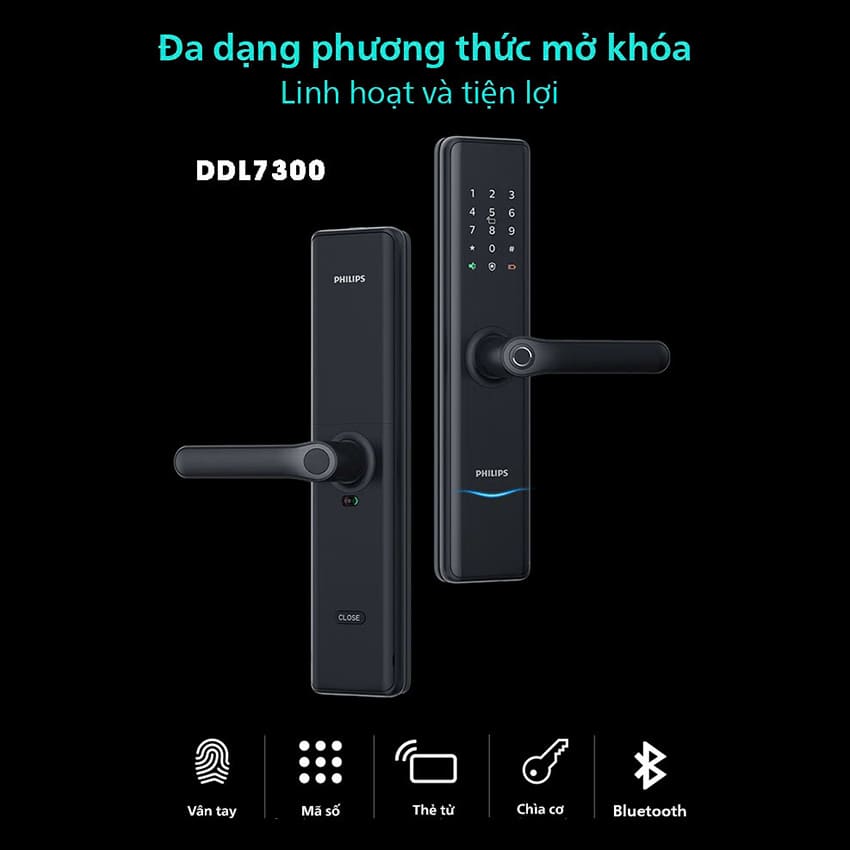 Bộ khóa cửa thông minh Bluetooth, vân tay, thẻ từ, mật khẩu và chìa cơ Philips DDL7300 - Hàng chính hãng (BH 2 NĂM)