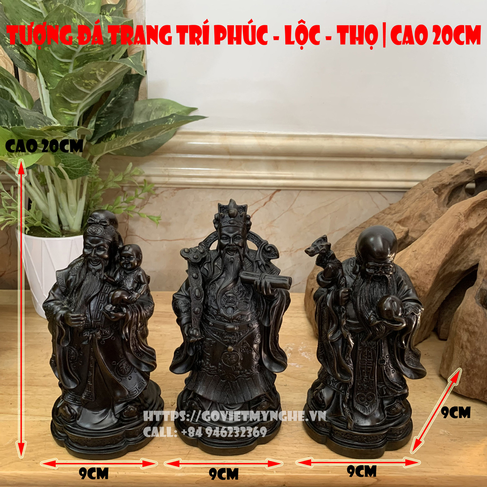 Tượng đá trang trí phong thủy bàn làm việc tượng Tam đa Phúc Lộc Thọ - Màu nâu đen