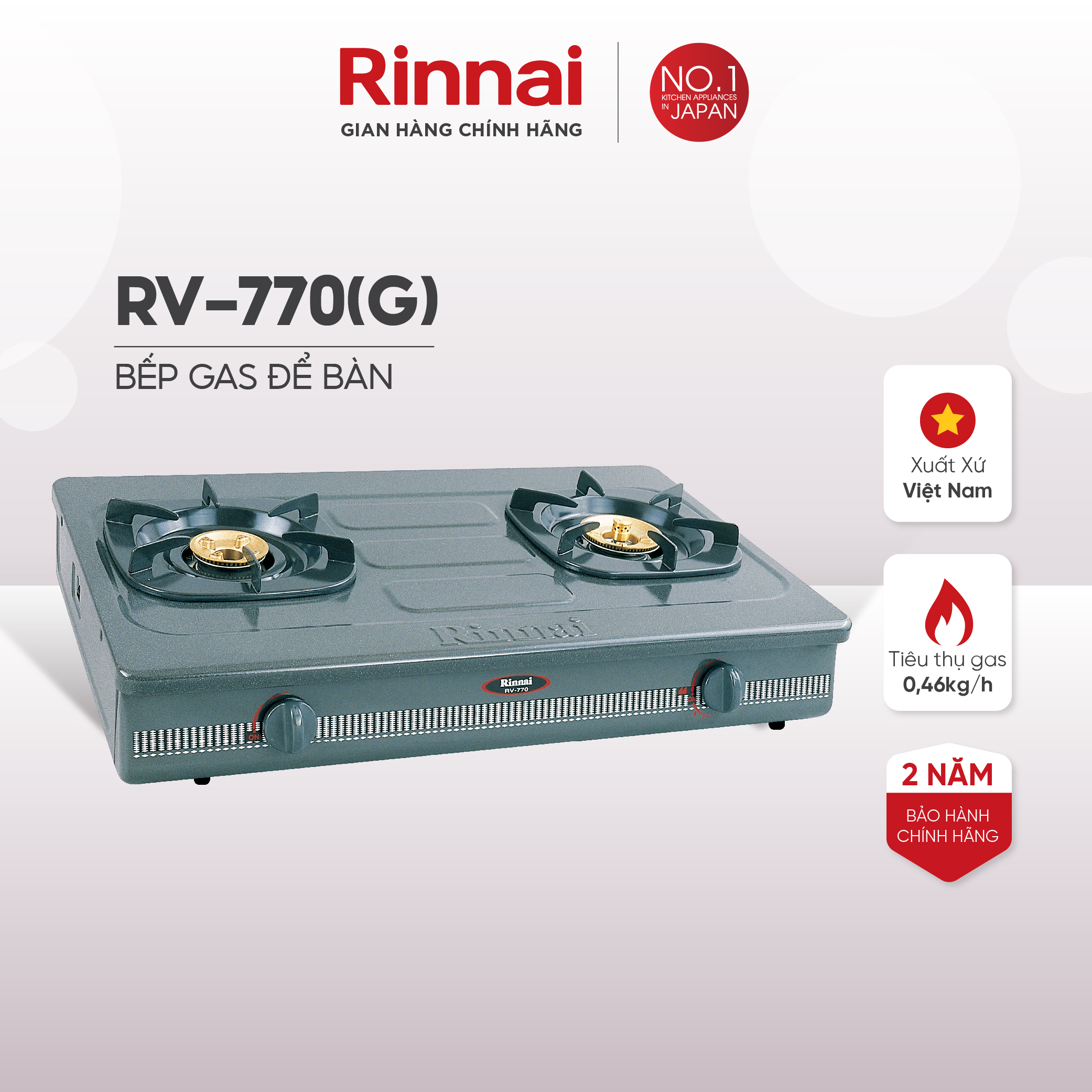 Bếp gas dương Rinnai RV-770(G) mặt bếp men và kiềng bếp men - Hàng chính hãng.