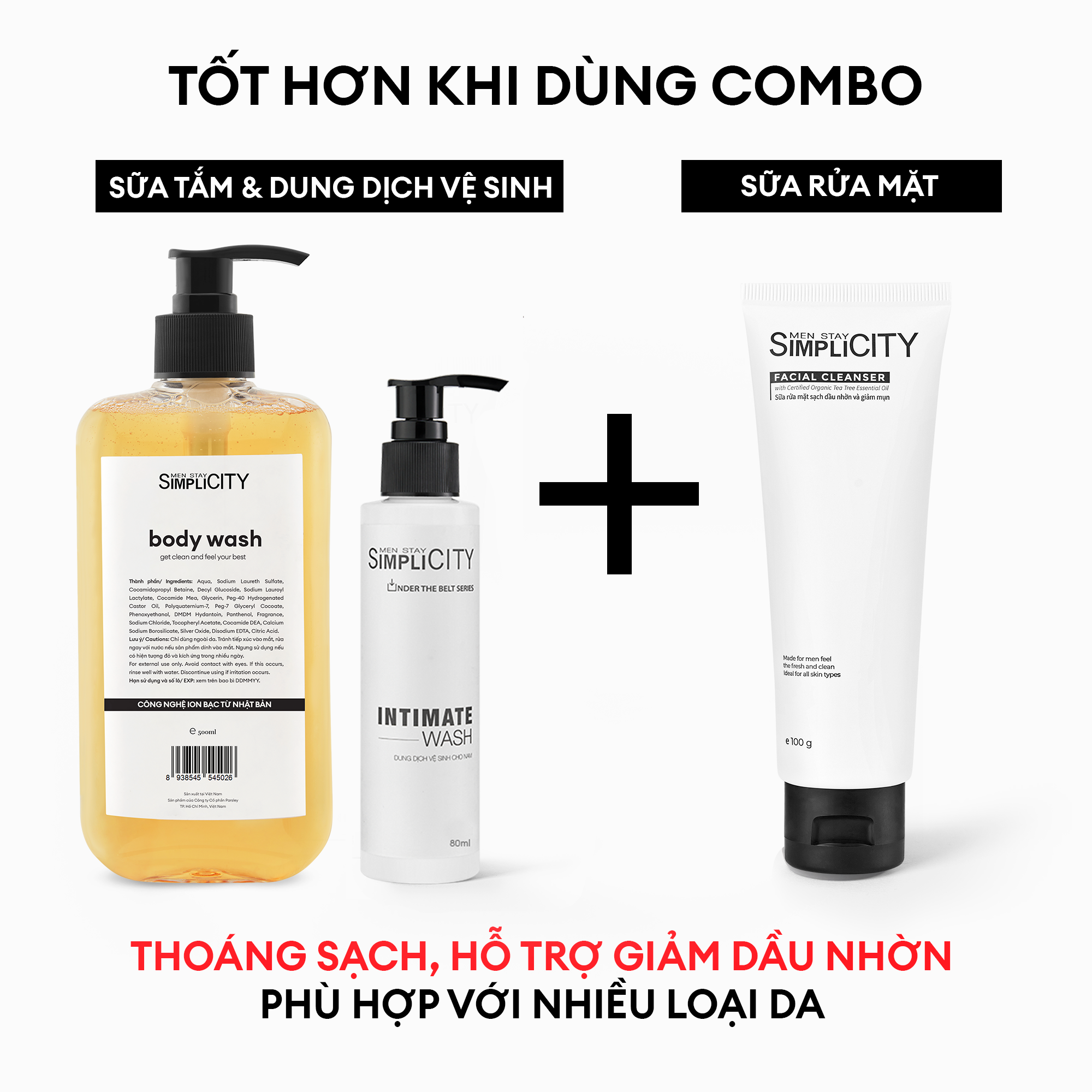 Bộ đôi tắm sạch toàn thân Men Stay Simplicity: Sữa tắm tinh dầu cao cấp 500ml và Dung dịch vệ sinh nam làm sạch & ngăn mùi 80ml