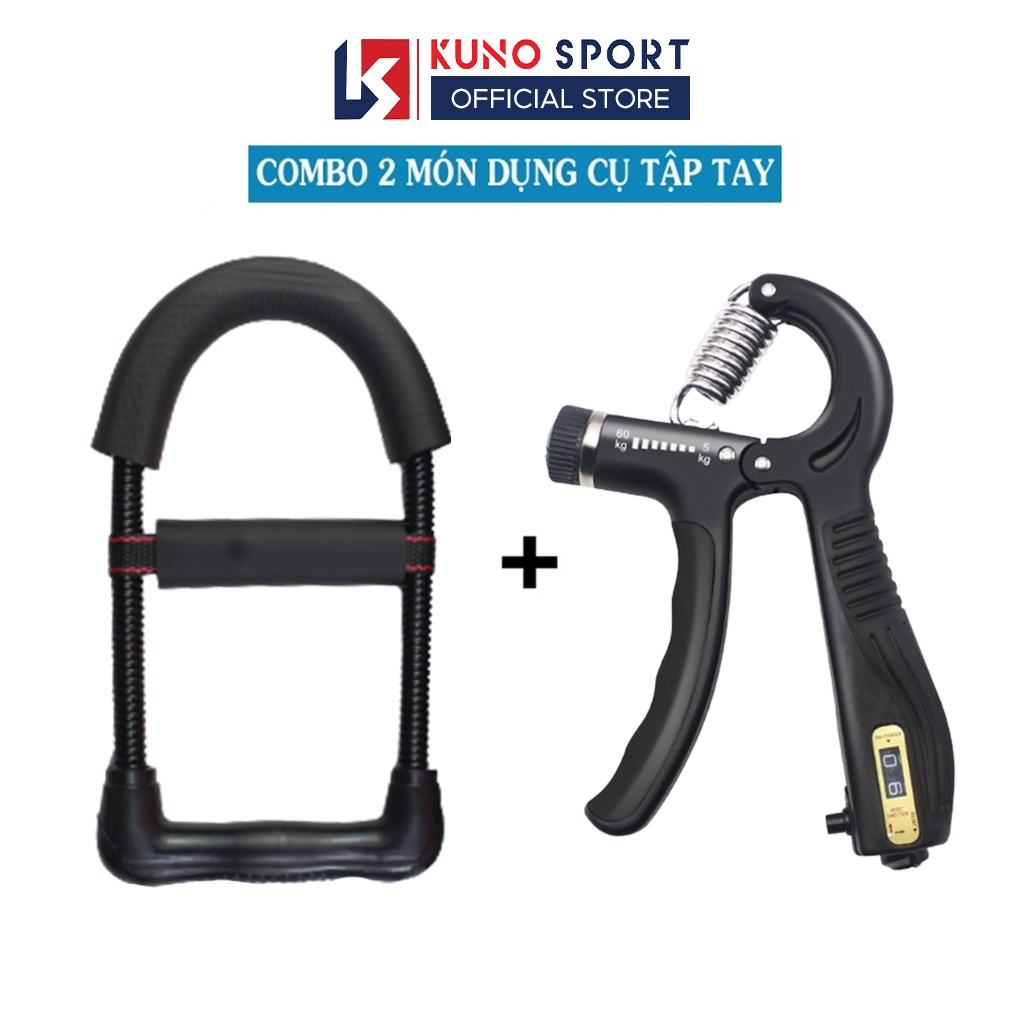 Combo dụng cụ tập cơ tay KUNO SPORT, kìm bóp tay chữ R có đếm số và dụng cụ tập tay chữ U