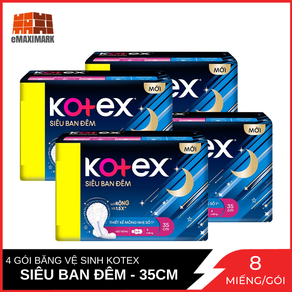 Combo 4 Băng Vệ Sinh Có Cánh 35cm Kotex Siêu Ban Đêm 9 Giờ Chống Tràn 8 miếng