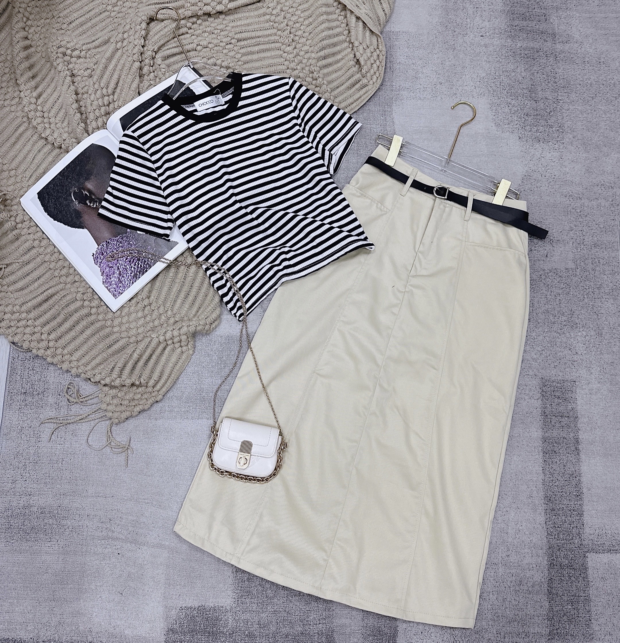 SET CHÂN VÁY MIDI DÀI SUÔNG TRƠN LƯNG CAO + ÁO THUN CROPTOP KẺ SỌC DẠO PHỐ ĐI LÀM ĐI HỌC ĐI BIỂN ĐI CHƠI