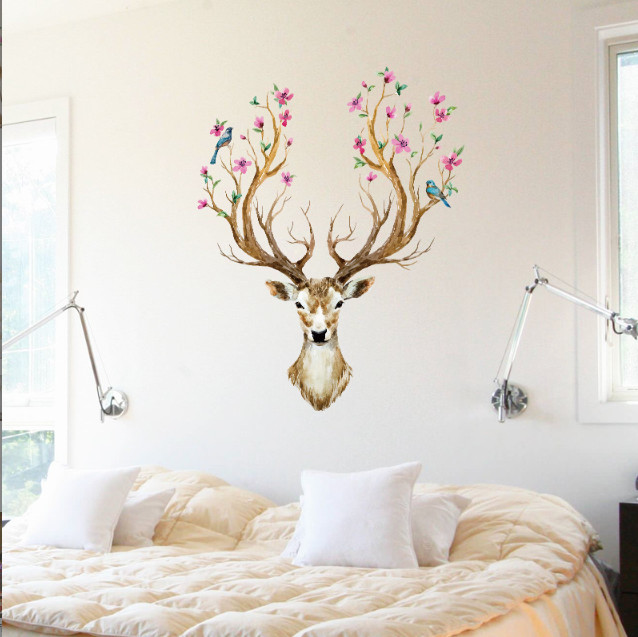 Decal trang trí tường - Đầu Nai hoa mai hồng phong cách