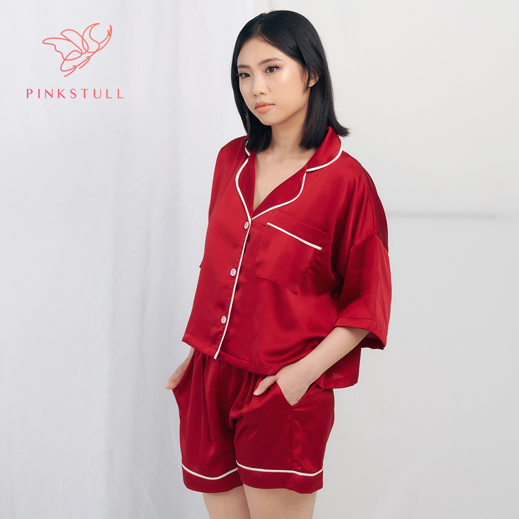 Bộ đồ ngủ lụa pijamas Pink Stull tay lửng quần ngắn màu trắng/đen/đỏ đô/xanh cốm