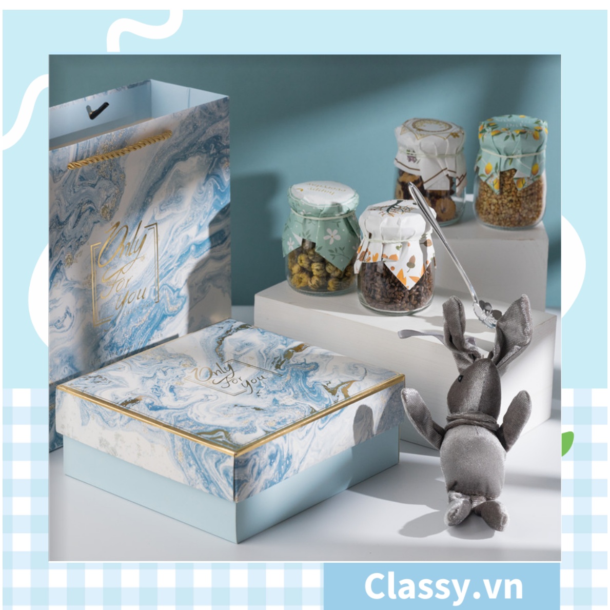 XÉ LẺ túi giấy +Hộp quà lớn +02 Hộp mini quà tặng hoạ tiết đá cẩm thạch, In chữ Only For You phong cách châu Âu