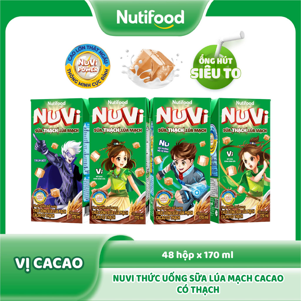 Thùng 48 hộp Sữa Lúa Mạch Cacao Có Thạch Nuvi 170ml - Phát Triển Chiều Cao, Tăng Cường Trí Nhớ