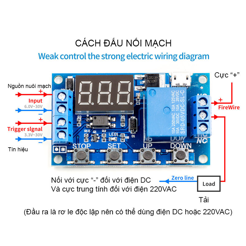 Module mạch rơ le thời gian trễ XY-J02 tự động tắt, bật theo chu kỳ do ta cài đặt