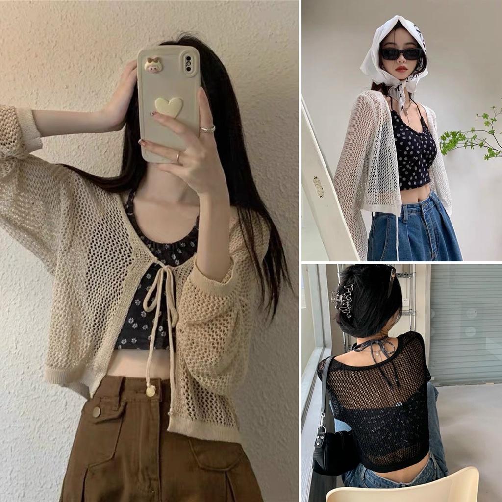 Set áo choàng cardigan lưới + áo yếm hoa nhí ulzzang