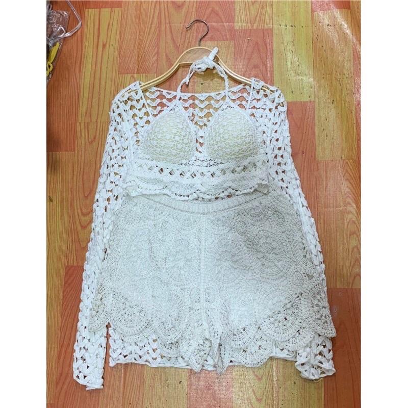 07-Set bộ bikini ren đi biển 3 món bra-áo lưới ngoài-quần sóc