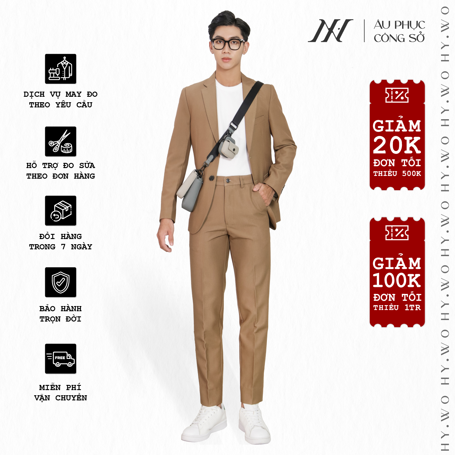 Bộ suit Khaki công sở may đo, thiết kế hai hàng khuy đơn, BASIC-SUIT-2 kiểu dáng Slim Fit, phong cách thanh lịch và sang trọng - HY.WO