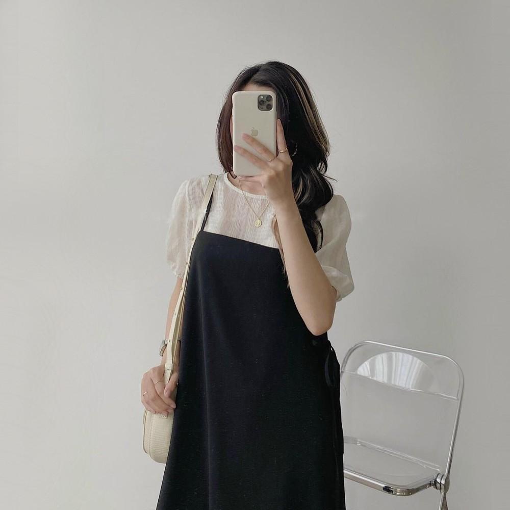 Set váy nữ dáng suông buộc dây eo - yếm kèm áo tay bồng Ulzzang S-Y