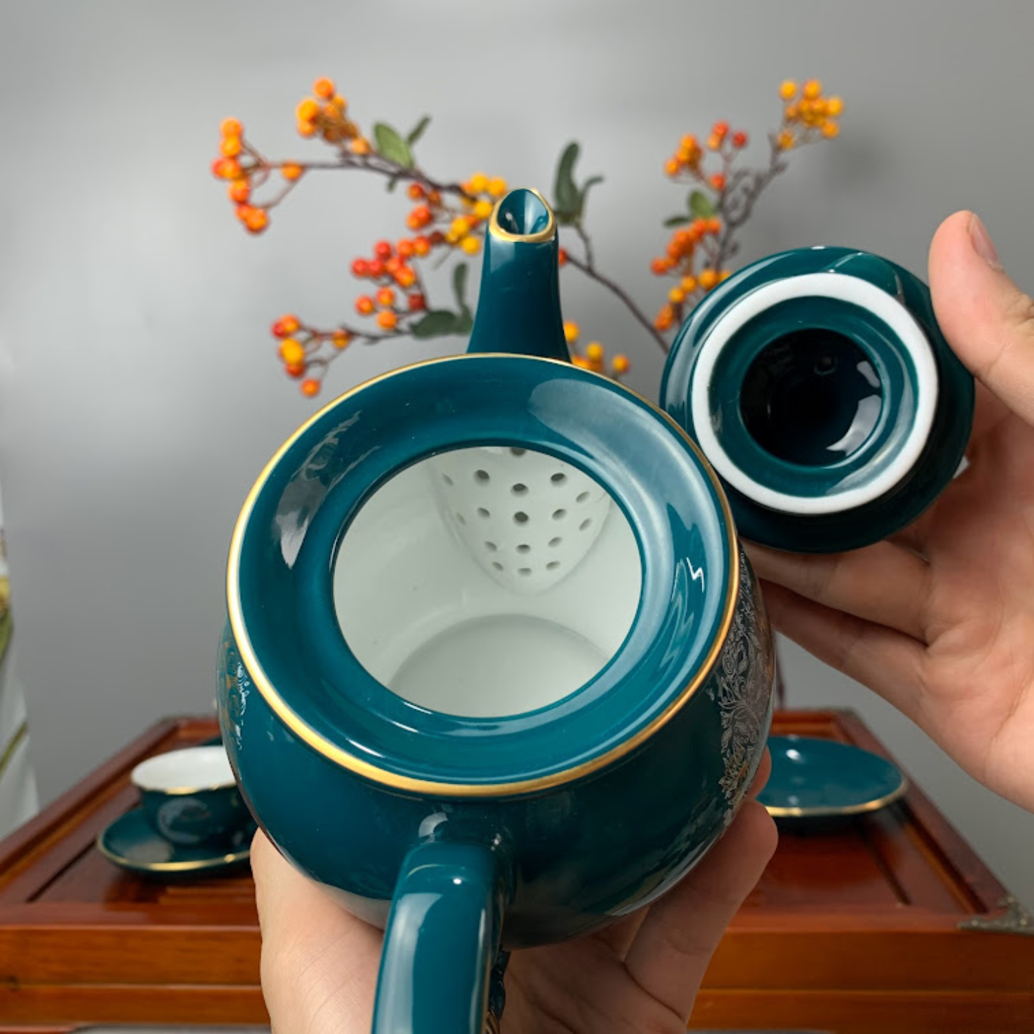 Bộ ấm chén uống trà cao cấp , bộ ấm trà Bát Tràng - phú hoàng điểu