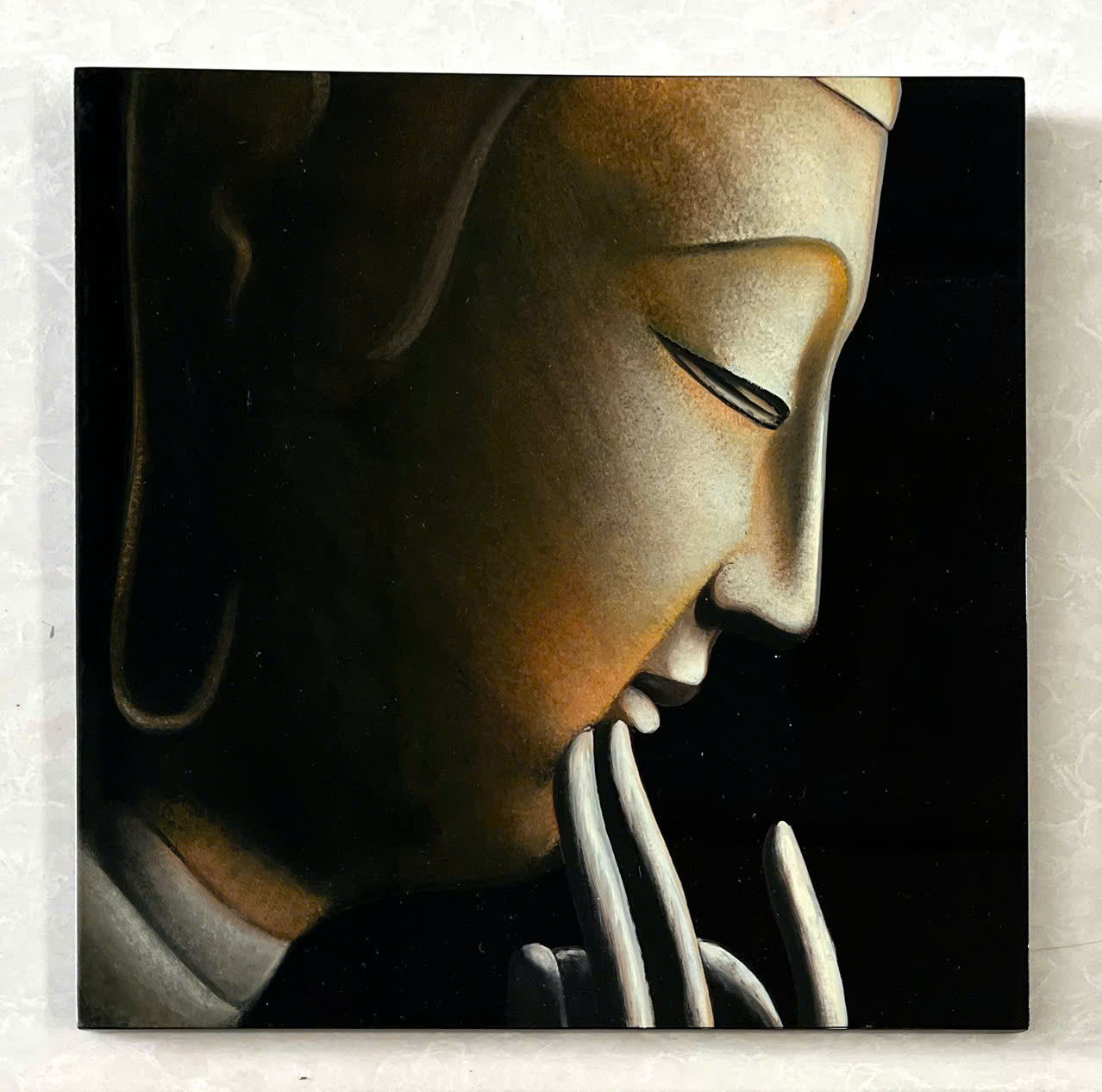 Tranh sơn mài vẽ tay Tượng Phật cao cấp Thanh Bình Lê size 38x38 cm treo tường, trang trí nhà cửa, văn phòng, quà tặng