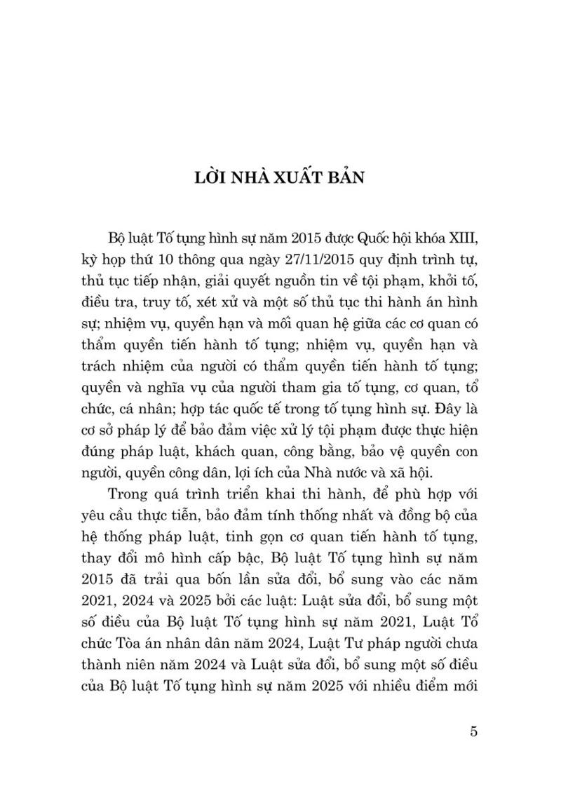 Sách - Bộ Luật Tố Tụng Hình Sự Năm 2015 (Sửa Đổi, Bổ Sung Năm 2021, 2024, 2025)