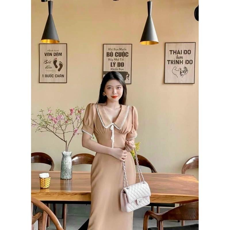 Đầm Midi Nude Viền Ren Nơ Ngực - Kèm Hình Thật
