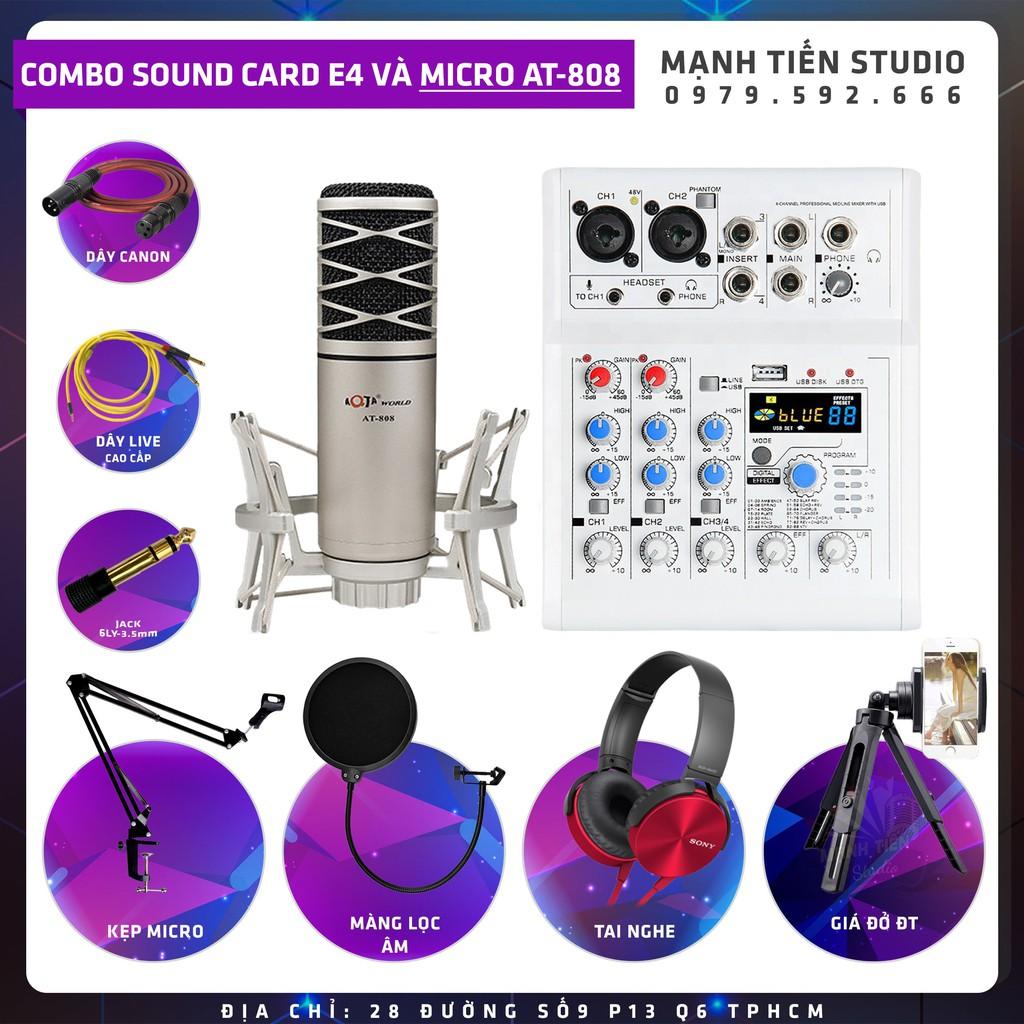 Combo thu âm, livestream Micro AQTA AT-808, Mixer E4 - Kèm full phụ kiện kẹp micro, màng lọc, tai nghe, dây live chế