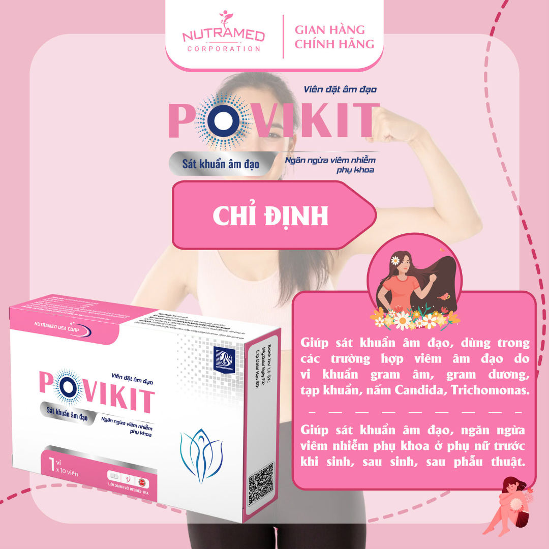 Viên đặt Povikit hỗ trợ giảm viêm cô bé do nhiễm vi khuẩn, nấm ngứa, mùi hôi - Nutramed (10 viên)