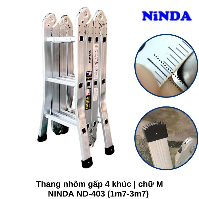 Thang nhôm gấp 4 đoạn NiNDA ND-403 (chữ A - 1.7m, chữ I - 3.4m) chất liệu hợp kim nhôm , khóa chốt tự động cao cấp, có đế cao su chống trượt- Hàng Chính Hãng