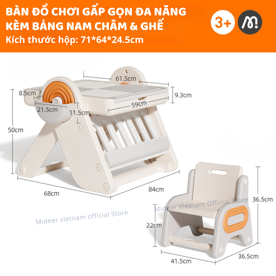 Bàn đồ chơi gấp gọn đa năng kèm bảng nam châm và ghế ngồi  Mideer Multifunctional Block Table