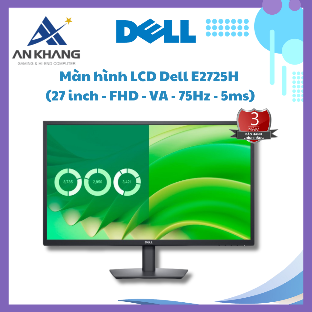 Màn hình LCD Dell E2725H (27 inch - FHD - VA - 75Hz - 5ms) - Hàng Chính Hãng - Bảo Hành 36 Tháng (Lỗi 1 Đổi 1)