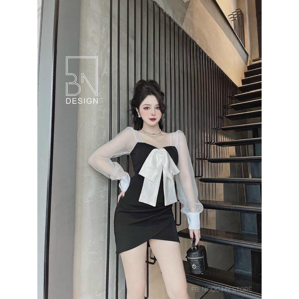 Váy đầm nữ tay lưới dài cổ đính nơ dễ thương