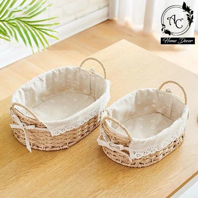 GIỎ MÂY, GIỎ CÓI LÓT VẢI VINTAGE CÓ QUAI XÁCH - MÀU BE, GIỎ ĐỰNG ĐỒ NHỎ GỌN, GIỎ DECOR TRANG TRÍ NHÀ CỬA