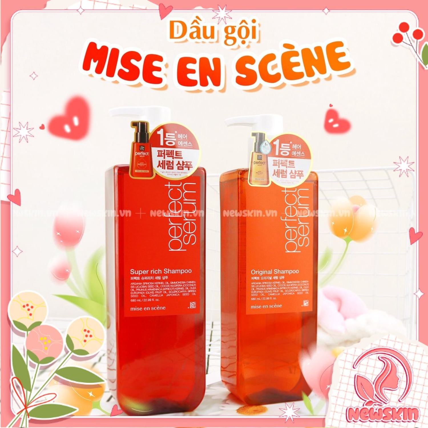 Cặp Dầu gội và dầu xả Mise En Scene Perfect Serum Hàn Quốc 680ml-màu cam phục hồi tóc hư tổn