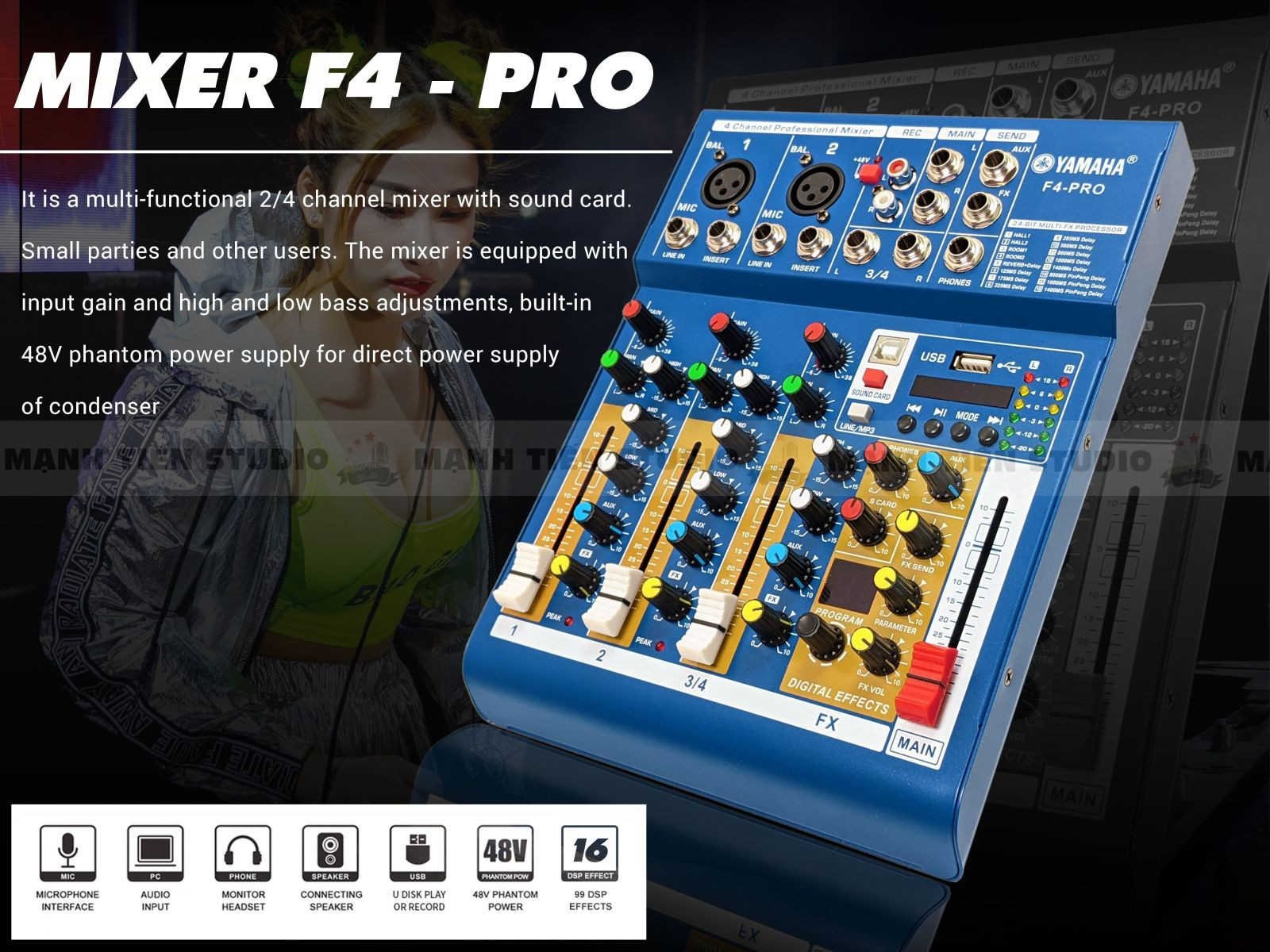 Mixer F4 Pro - Tích hợp vang số 16 chế độ vang- Chuyển đổi thành soundcard livestream karaoke