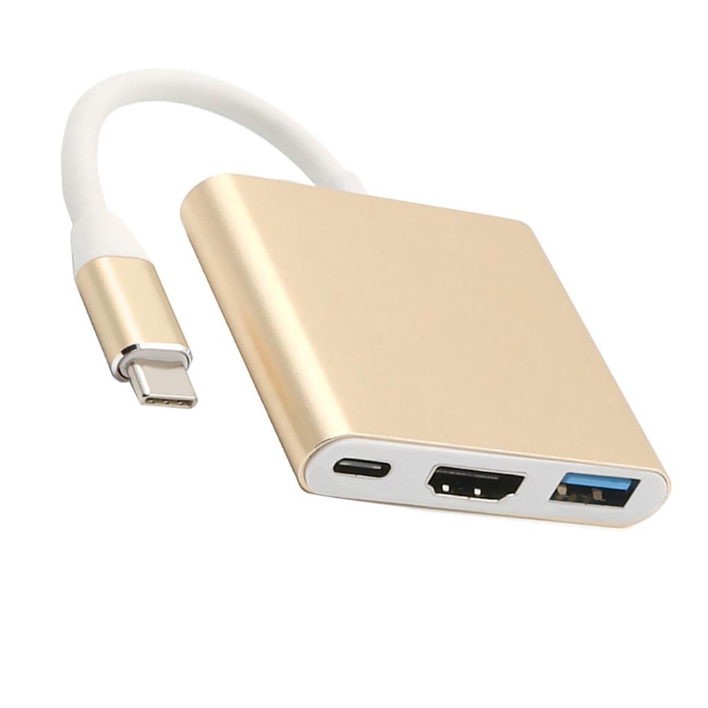 3 in 1 Type C to 4K HD HDMI & USB 3.0 & USB-C Hub Adaptor Converter Gold