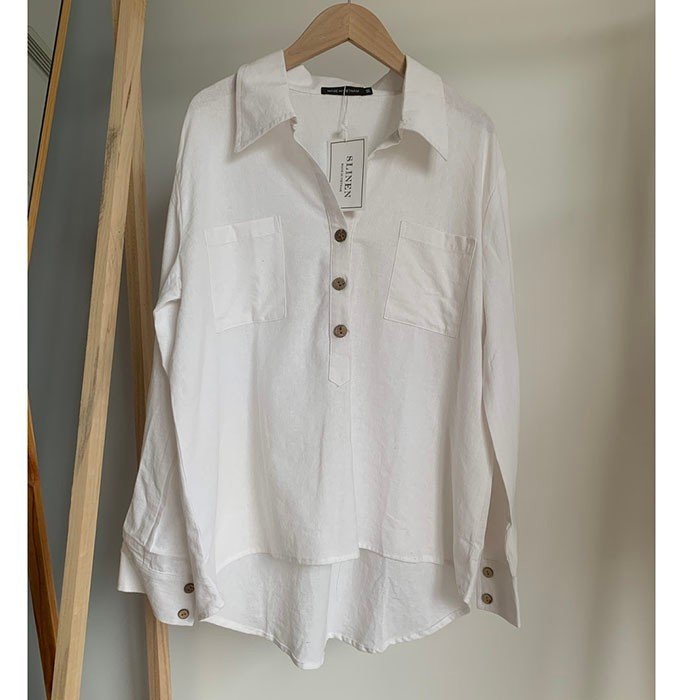 Áo sơ mi nữ dài tay form rộng trễ vai Linen thô Hàn cổ đức bổ trụ trẻ trung mềm mát