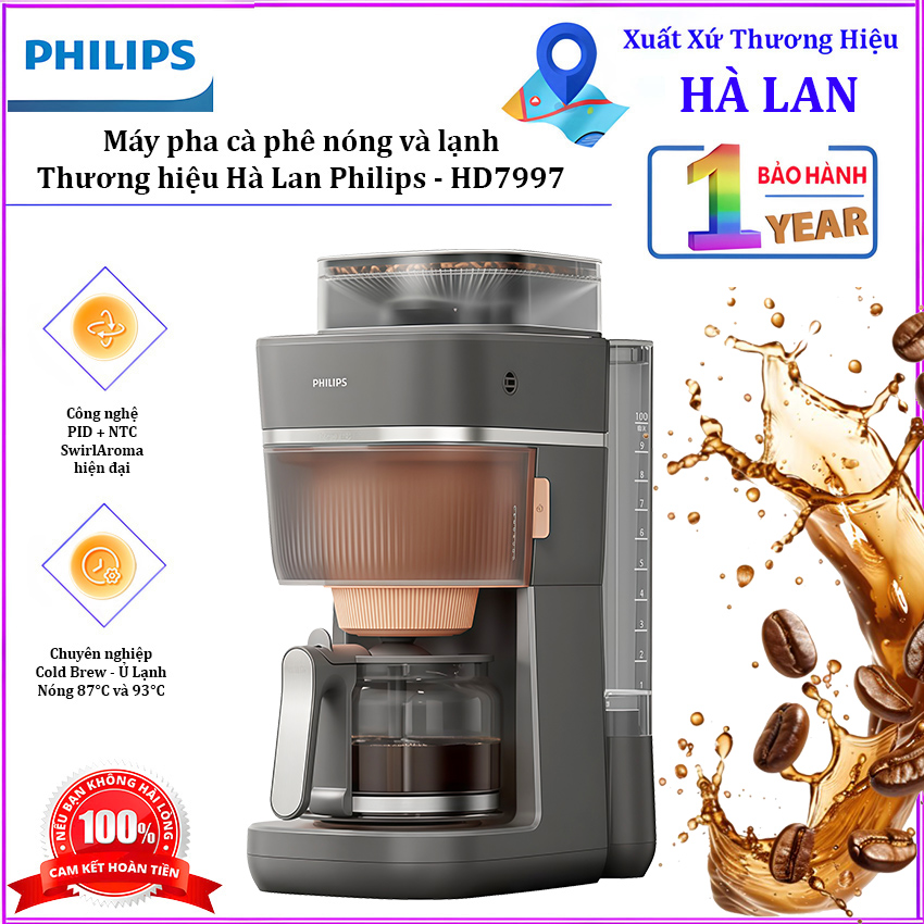 Máy pha cà phê nóng và lạnh Drip nhỏ giọt, hoàn toàn mới. Thương hiệu Hà Lan cao cấp Philips Morgen HD7997. HÀNG CHÍNH HÃNG