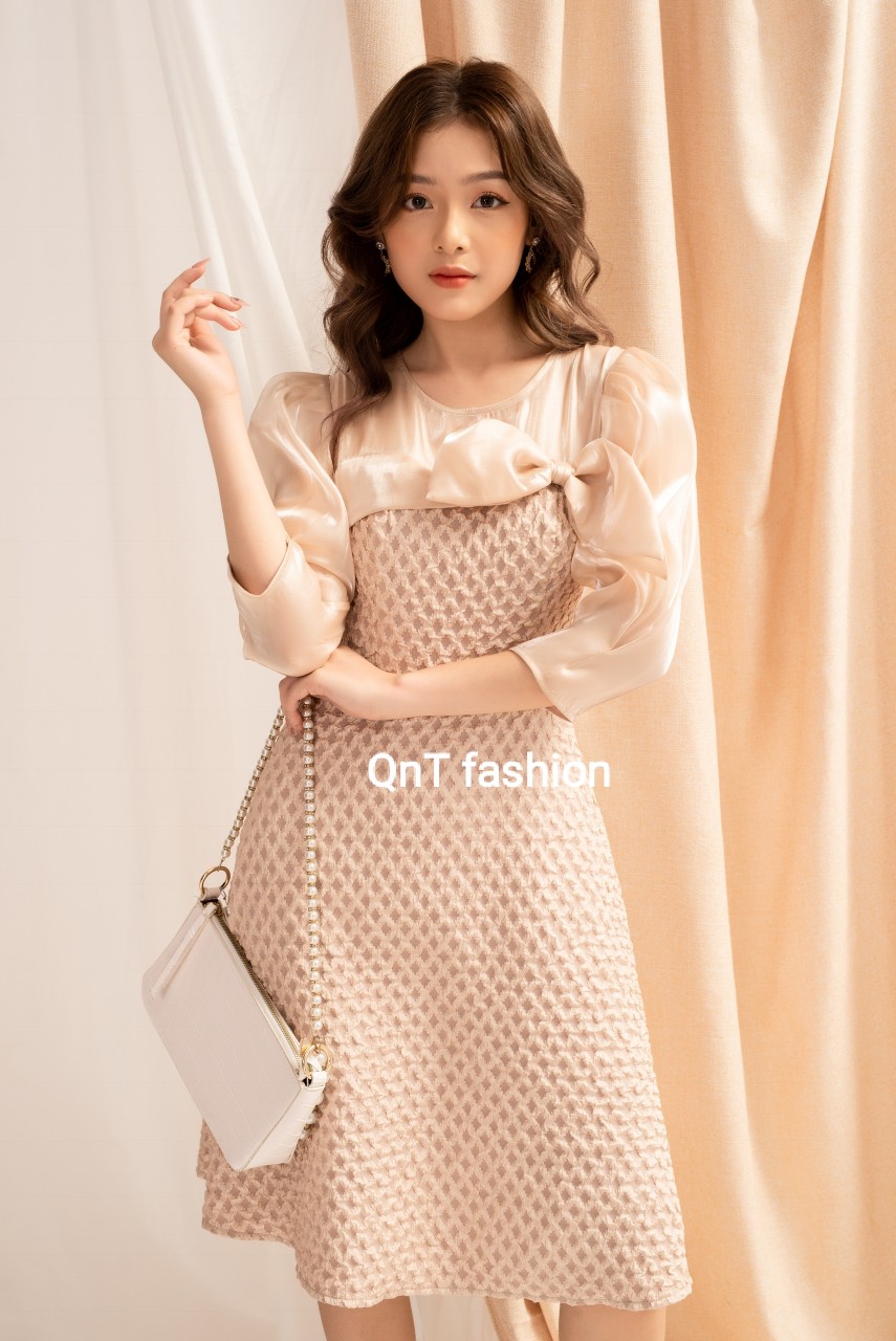 Đầm dự tiệc thiết kế-Đầm xòe cổ tròn phối nơ-Đầm thiết kế dự tiệc phong cách tiểu thư