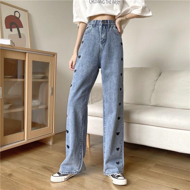 Quần Jeans Ống Rộng In Trái Tim Dọc - Quần Ống Rộng Nữ Dáng Suông Lưng Cao Ulzzang Q45