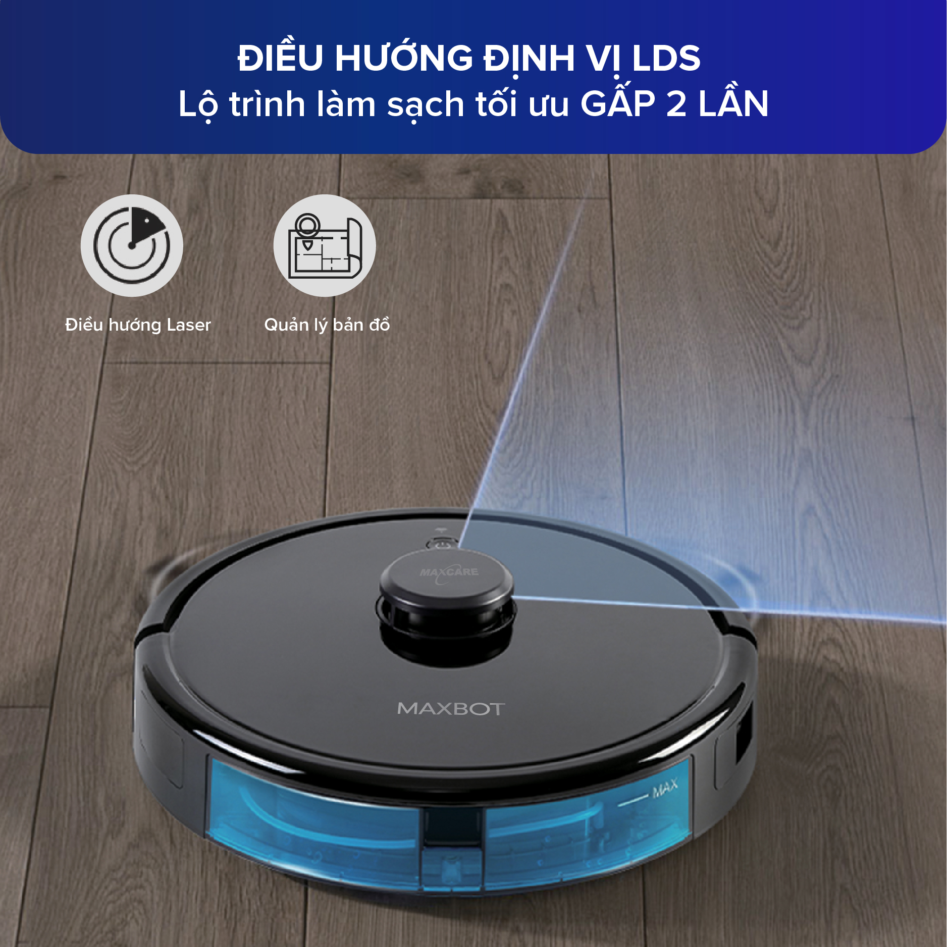 Robot hút bụi lau nhà Maxcare Maxbot M5 công nghệ tường ảo, điều hướng laser hiện đại, cảm biến vật cản, kết nối app, Hàng Chính Hãng, Thương hiệu Nhật Bản