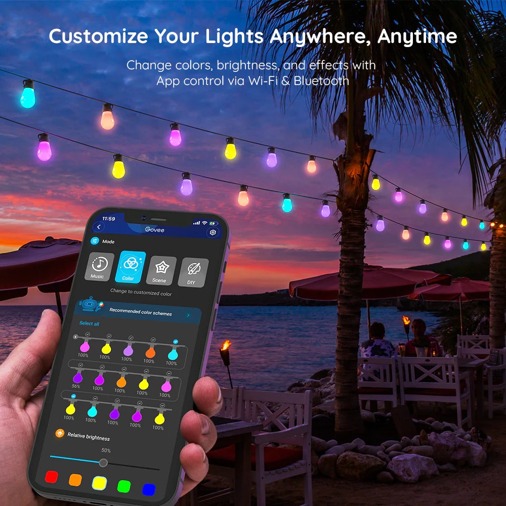 Đèn treo ngoài trời Govee RGBW 96ft Bluetooth & Wi-Fi Outdoor String Lights H7021 | Thiết kế hiện đại | Khả năng chống thấm nước | Dễ dàng thao tác và lắp đặt