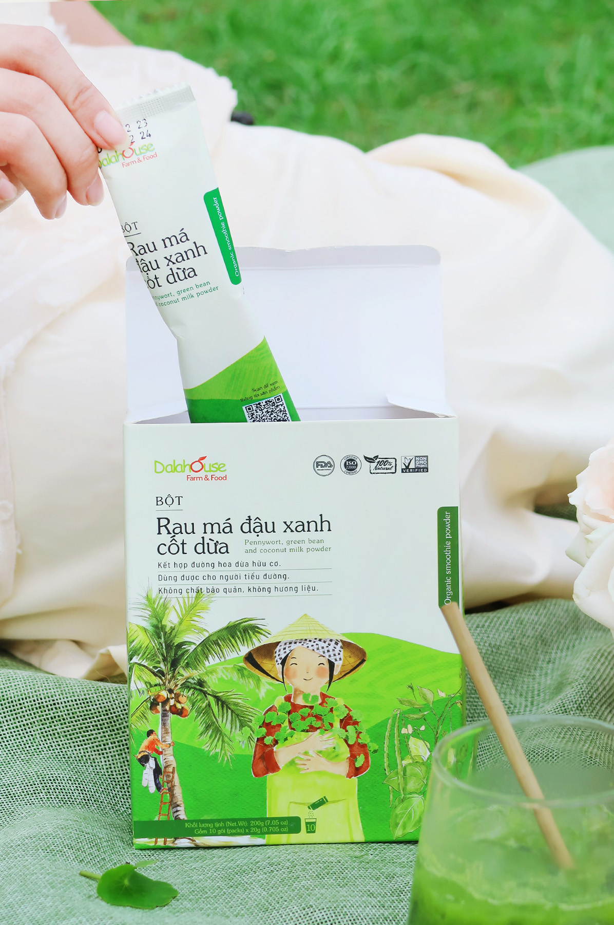 Rau má đậu xanh cốt dừa Dalahouse - Hộp 200gr (10 gói 20gr). Sử dụng đường hoa dừa Sokfarm không tăng cân, không tăng đường huyết