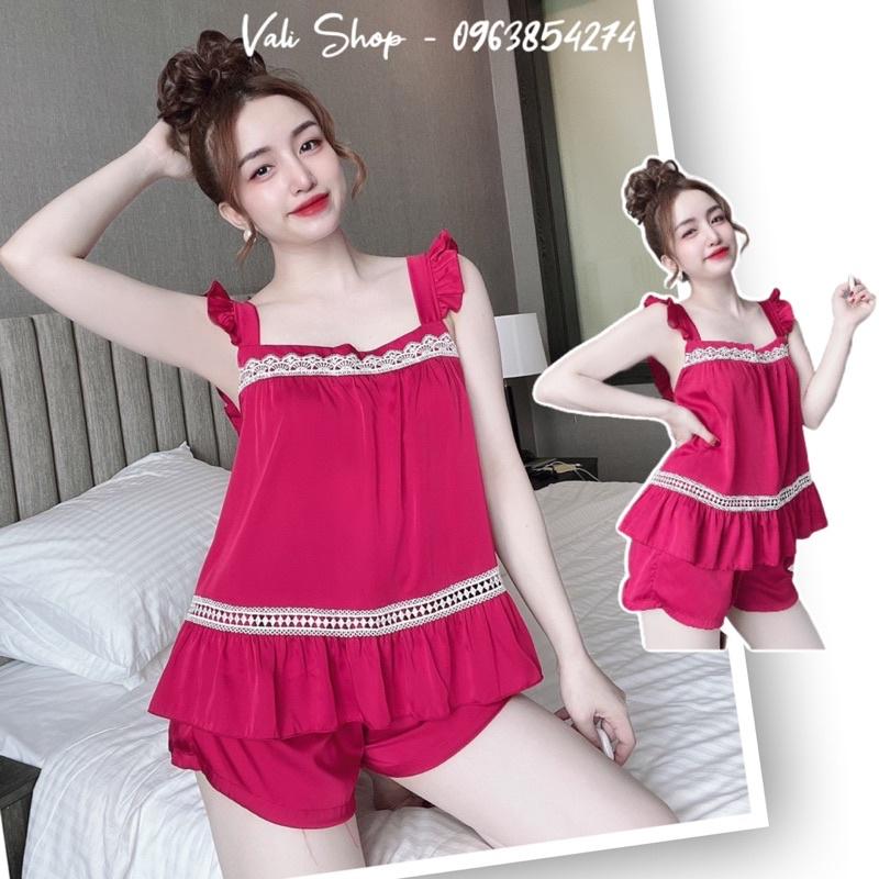 Đồ ngủ lụa latin cao cấp 2 dây cột nơ màu trơn quần phối ren freesize 40-57kg