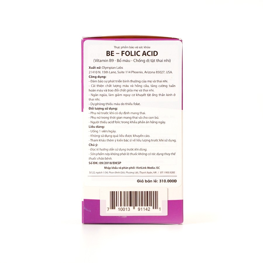 Be-Folic Acid Bổ sung axit folic cho bà bầu Olympian Labs 100 viên