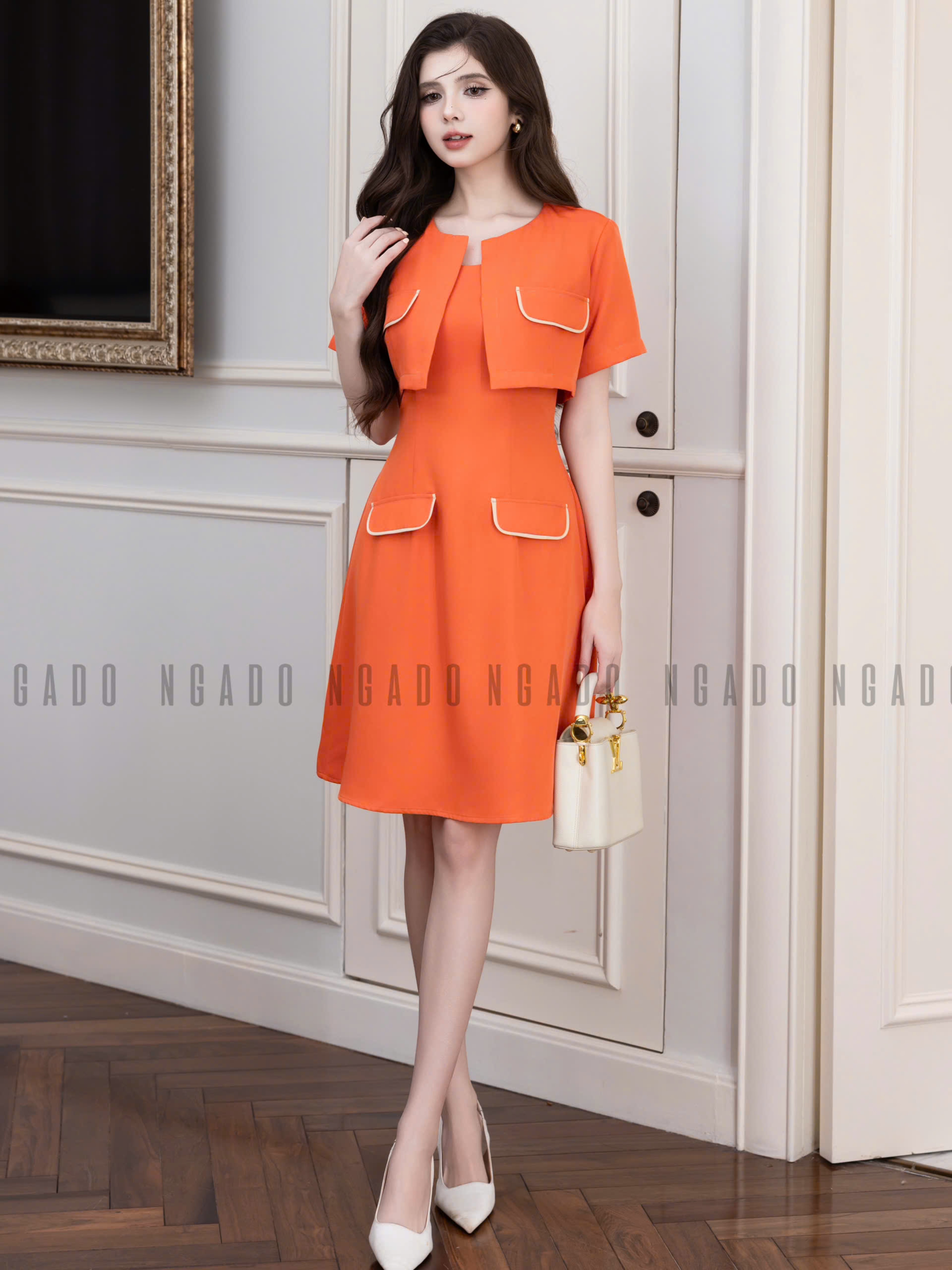 Đầm cam ngắn tay NGADO , đầm Nữ , đầm công sở, dự tiệc