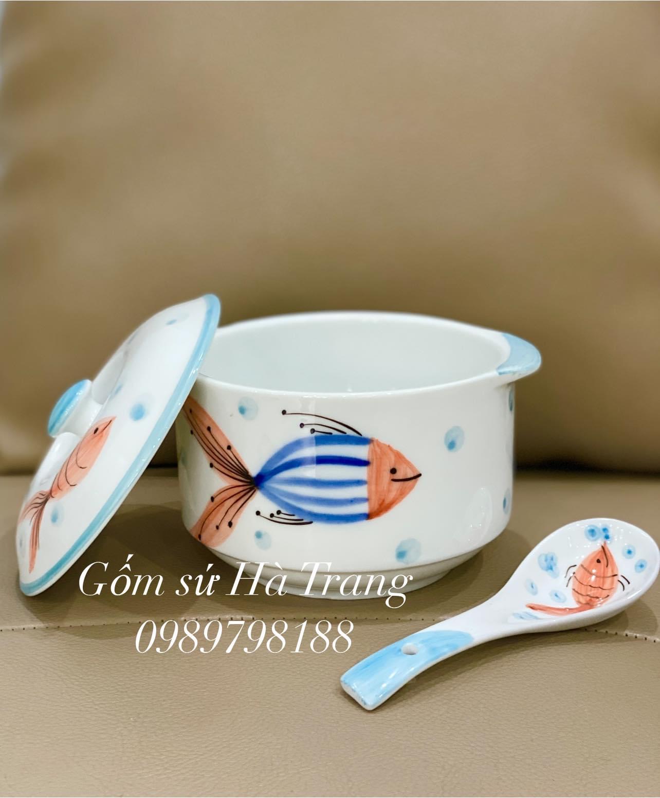 Thố chưng yến dung tích 600ml gốm sứ Bát Tràng cao cấp vẽ hoạ tiết cá kèm thìa