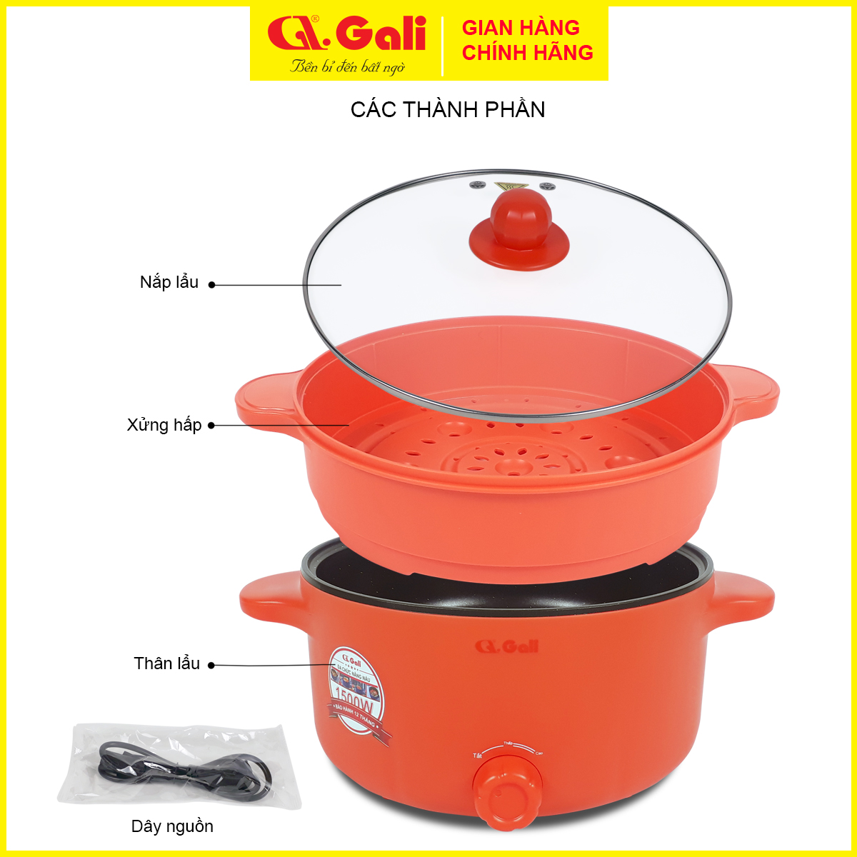 Nồi nấu điện đa năng Gali 5 lít, nồi lẩu 1500w, chiên, xào, hấp, thân 2 lớp, hàng nhập khẩu chính hãng bảo hành 1 năm