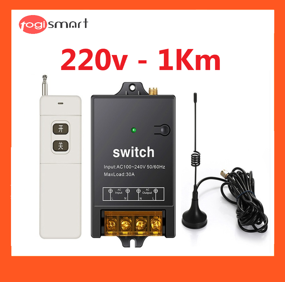 Công tắc điều khiển từ xa khoảng cách 01 KM (1000m) công suất lớn 220V/30A Togismart RF1KM- Hàng chính hãng