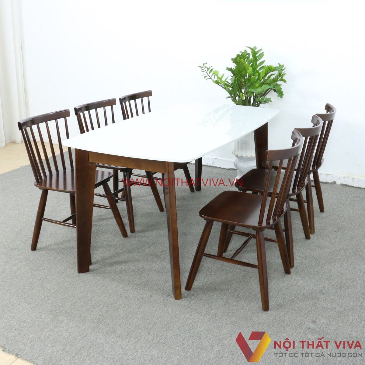 Bàn Ăn Mặt Đá Hoa Cương Chân Vát 6 Ghế Nan Gỗ Cao Su Bền Đẹp Hiện Đại