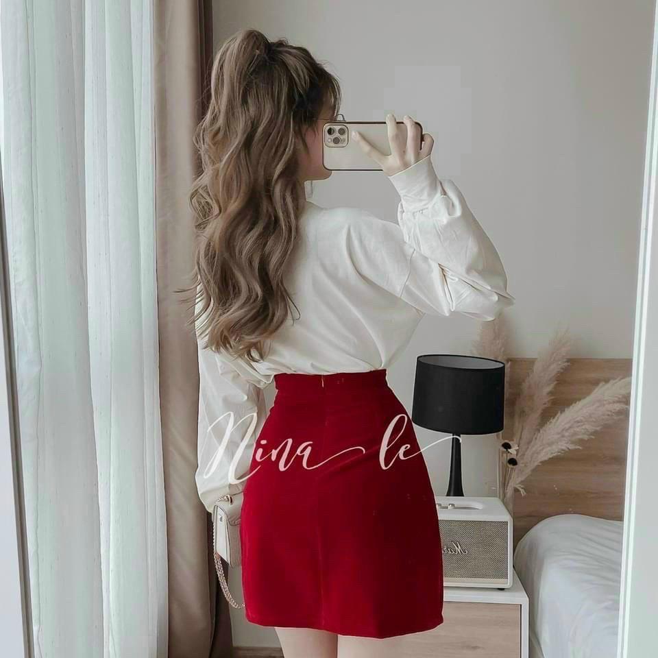 Sét áo kèm chân váy nữ áo thun cotton tay dài in chữ phối chân váy mini đỏ kiểu dáng trẻ trung thời thượng