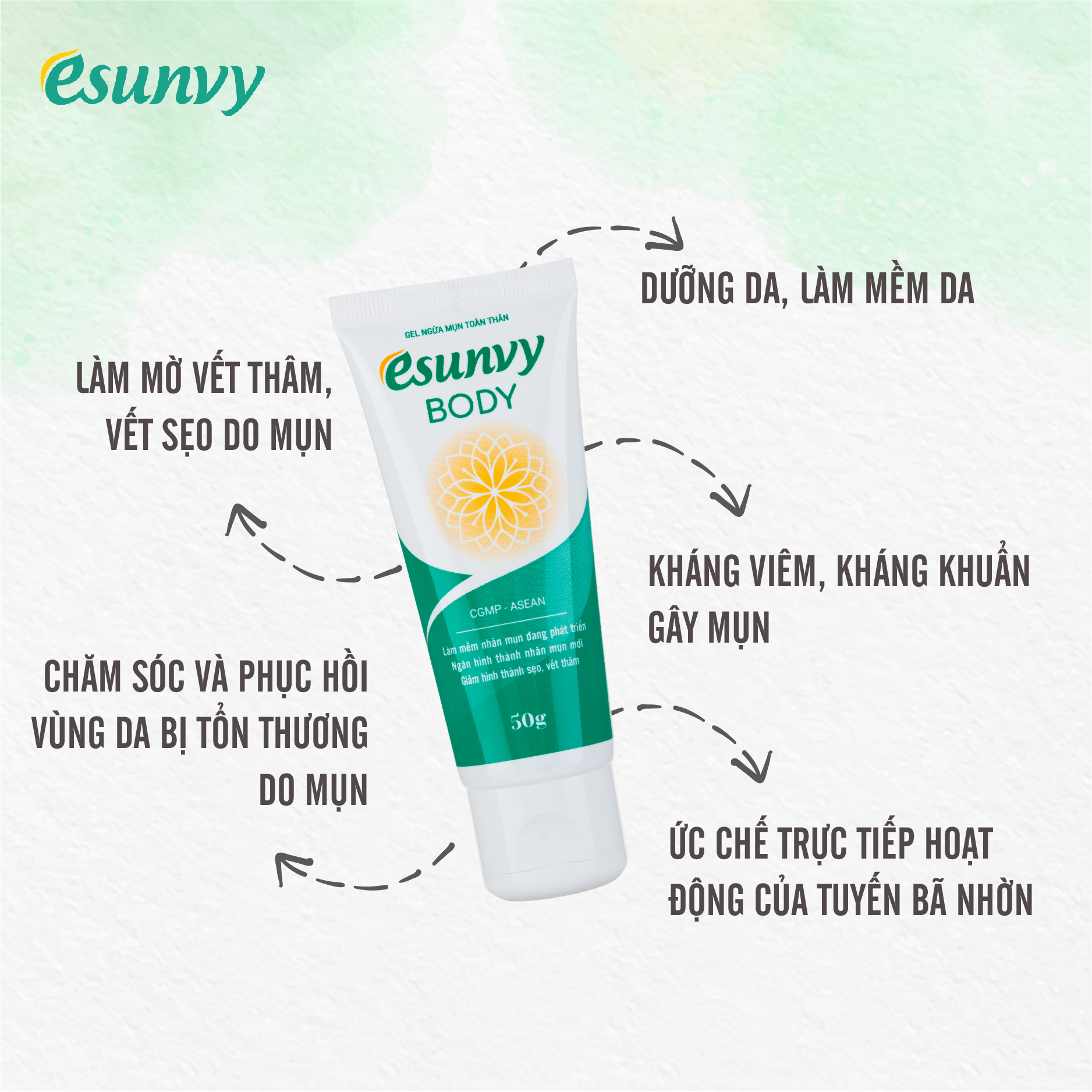 Gel Giảm Mụn Toàn Thân Esunvy Body Giúp Sạch Mụn, Hết Thâm, Mờ Sẹo Dùng Cho Mọi Loại Da Tuýp 50g TMP016