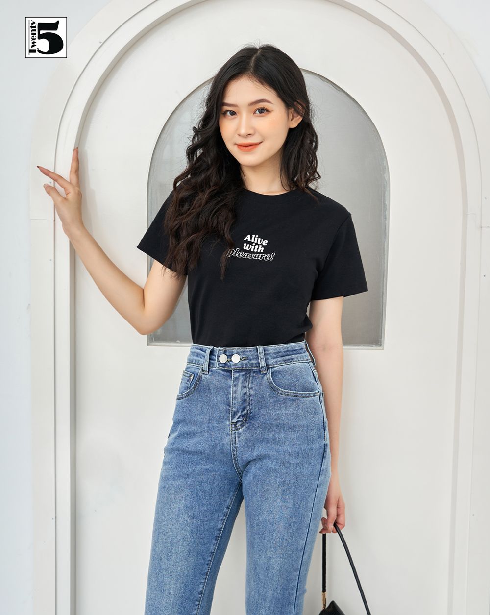 Quần jeans nữ ống loe lưng cao cạp 2 cúc co dãn Twentyfive 3787