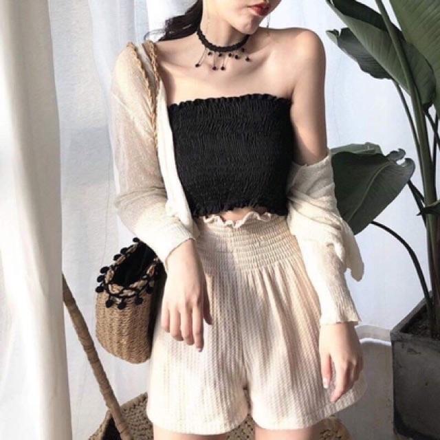 Áo ống cúp ngực voan nhún - hình thật chụp sàn
