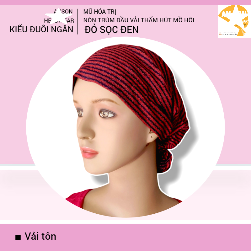 Nón hóa trị vải mềm mát, hút mồ hôi, bệnh nhân ung thư, chemo hat, nón trùm đầu [KIỂU ĐUÔI NGẮN-ĐỎ SỌC ĐEN]