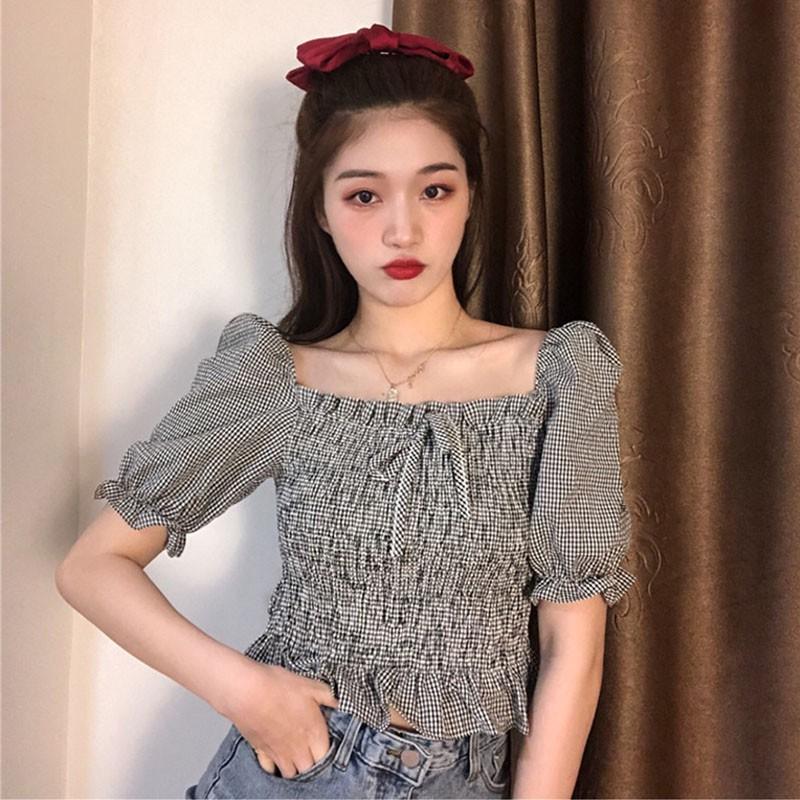 Áo Kiểu Tay Phồng Cổ Vuông Phối Nơ Họa Tiết Sọc Caro Phong Cách Retro